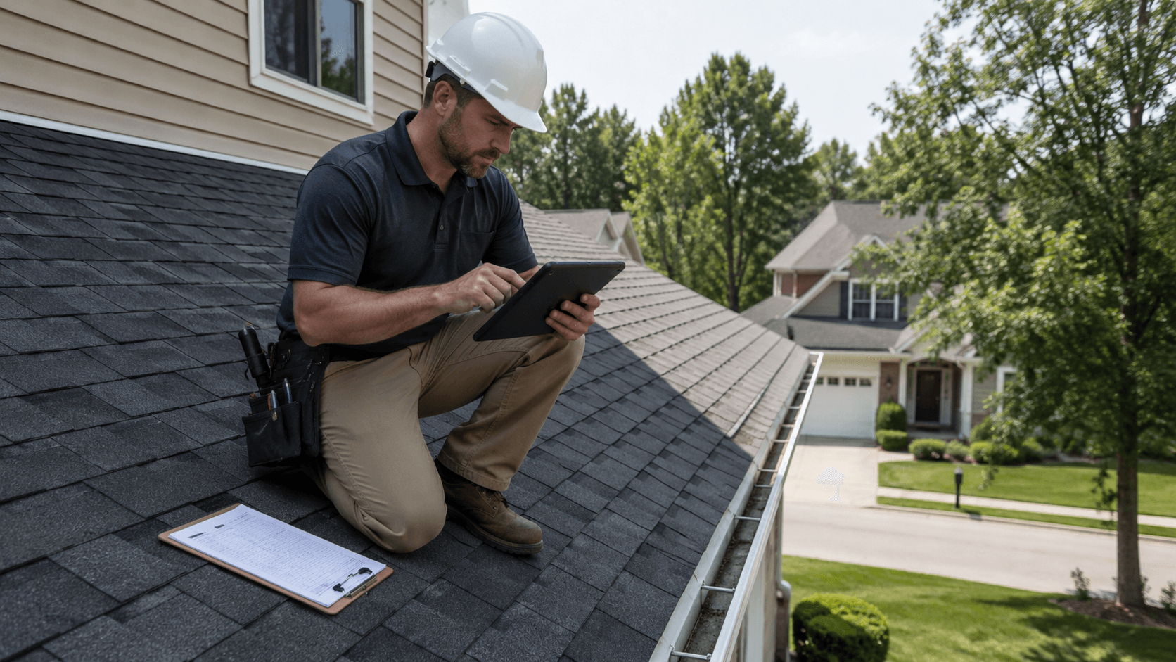 Roofing professional inspecting a roof and taking notes